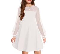 Arshiner Abito da Ragazza Abito a Maniche Lunghe Abito a Rete Linea A Abiti Casual per Bambini Abiti da Festa con Tasche Bianco 140