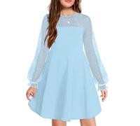 Arshiner Abito per Ragazze Abiti da Festa a Maniche Lunghe Abito Casual per Bambini Girocollo Casual Abito a Maniche Lunghe al Ginocchio per Ragazze Blu 165