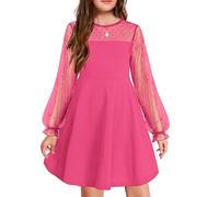 Arshiner Abito per Ragazze Festa Estiva Elegante Abito a Maniche Lunghe Abito da Principessa Abiti in Maglia Bambini al Ginocchio Rosa Caldo 140