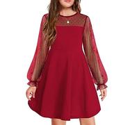 Arshiner Abito per Ragazze Festivo Festa di Nozze Abito a Maniche Lunghe Abito Casual Abiti da Principessa Bambini Adolescenti Abbigliamento Vino Rosso 130