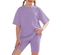 Arshiner Bekleidungssets für Mädchen T Shirt mit Kurze Leggings Kinder Zweiteiler Set Sommer Outfit Sportliche Mädchenbekleidung Modische Kinderoutfits 7-8 Jahren