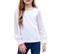 Arshiner Camicia a Maniche Lunghe da Ragazza con Polsini con Volant a Punto Smock Pois Svizzeri Camicie Pullover per Bambini Camicetta Girocollo Carina per Ragazze Bianca 140