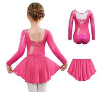 Arshiner Girls Ballet Dancewear Due Pezzi Manica Lunga Senza Schienale Vestito da Balletto Cotone Bambini Danza Body con Gonna in Chiffon Tutu Rosa Brillante Rosso 120 2-3 Anni