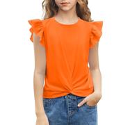 Arshiner Maglietta Estiva a Maniche Corte con Volant e Top Tops Casual con Scollo Rotondo e Camicetta per Bambine Arancione 120