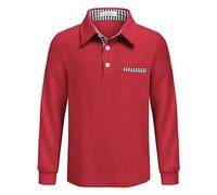 Arshiner Maglietta Polo a Maniche Lunghe per Bambino, T-Shirt Elasticizzata con Taschino, Morbida e Comoda per Scuola, Tempo Libero e Festa, Rossa, 5-6 Anni