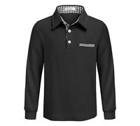 Arshiner Polo a Maniche Lunghe per Bambino, Camicia Elasticizzata e Morbida con Colletto, Bottoni e Taschino, Elegante per la Scuola e l’Autunno, Nera,10-11 Anni