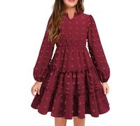 Arshiner Ragazze Abito A Maniche Lunghe in Chiffon Una Linea Festivo per Bambini Maniche A Sbuffo Natalizio Rosso per Introduzione alla Scuola 10-11 Anni