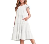 Arshiner Ragazze Abito Estivo con Maniche A Balze Abito per Il Tempo Libero in Cotone per Bambini con Scollo Rotondo Maniche Corte Swing Abiti da Festa per Bambine 10-11 Anni