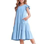 Arshiner Ragazze Abito Estivo con Maniche A Balze Abito per Il Tempo Libero in Cotone per Bambini con Scollo Rotondo Maniche Corte Swing Abiti da Festa per Bambine 10-11 Anni