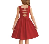 Arshiner Ragazze Abito Senza Maniche Bambini Estivo Indietro Bow Tie Vestito Cotone Casual Festivo Vestito Maniche Corte Swing Abiti da Festa per Ragazze 11-12 Anni Rosso