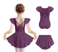 Arshiner Ragazze Balletto Abbigliamento Viola Scuro Vestito da Balletto Body Danza Tinta Unita Body Danza per Bambini Manica Corta Tuta da Balletto Glitter Abiti da Ballo Body Danza con tutù 6-7 Anni