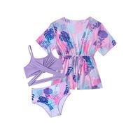 Arshiner Set Bikini Bambina 3 Pezzi con Pareo Costume da Bagno Estivo Stampa Floreale Set da Abbigliamento Mare per Ragazze 13-14 Años