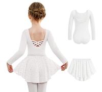 Arshiner Vestito da Balletto per Ragazze Manica Lunga Due Pezzi Vestito da Balletto per Bambini in Cotone Senza Schienale Body da Ballo con Gonna Tutu Bianco 150 7-8 Anni