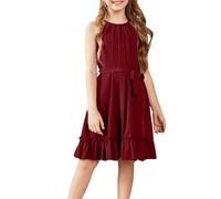 Arshiner Vestito da Bambina Trapezio Vino Rosso Vestiti Estivo Il Tempo Libero Vestiti Elegante Bambina Primavera Abiti Festa Vestito Tinta Unita per Ragazze con Cintura 11-12 Anni