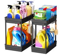 ARSTPEOE 2 Pezzi Organizer Sottolavello Cucina - Scaffale Cucina a 2 Livelli, Mobile Sottolavello Cucina con 8 Ganci, Organizer Bagno Portaoggetti, Nero