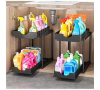 ARSTPEOE Confezione da 2 organizer sotto il lavandino con ganci e tazze da appendere, doppio cassetto estraibile da cucina sotto il lavandino, per salsa in scatola, insalata