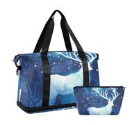 Art Blue Painting Deer Elk Moon Grande Borsa da Aeroporto con Tasca Bagnata Cinghia Regolabile Borsa da Viaggio Tote Gym Bag per Allenamento Multifunzionale per Uomo Donna