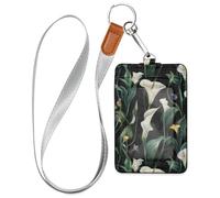 Art Calla Lily Porta badge verticale in pelle nera con cordino e porta carte di credito per ufficio Shcool ospedale e patente di guida