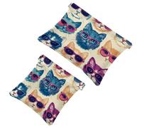 Art Cats with Glasses Seamless Pattern Pocket Cosmetic Bag, Impermeabile Squeeze Makeup Bag No Zipper Auto-Closing, Mini Travel Storage per cuffie Gioielli, Multicolore 06, 7.1x5.8 inch/4.7x4.5 inch