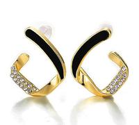 Art Deco Irregolare Colore Oro Statement Dichiarazione Orecchini con Strass e Nero Smalto