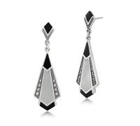 Art Déco Onice, Madreperla e Marcasite Goccia Orecchini IN 925 Argento Sterling