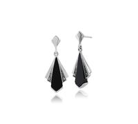 Art Déco Stile Nero Onice E Marcasite Ventola Goccia Orecchini IN 925 Argento