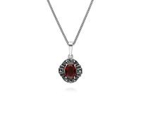 Art Déco Stile Ovale Granato E Marcasite Halo Ciondolo IN 925 Argento Sterling