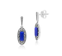 Art Déco Stile Ovale Lapislazzuli E Marcasite Goccia Orecchini IN Argento
