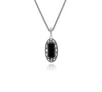 Art Déco Stile Ovale Onice E Marcasite Collana con Ciondolo IN Argento Sterling