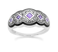 Art Déco Stile Quadrato Ametista Cinque Pietra E Marcasite Anello IN Argento