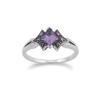 Art Déco Stile Quadrato Ametista E Marcasite Anello IN 925 Argento Sterling