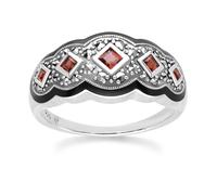 Art Déco Stile Quadrato Granato Cinque Pietra E Marcasite Anello IN Argento
