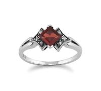 Art Déco Stile Quadrato Granato E Marcasite Anello IN 925 Argento Sterling