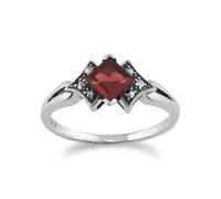 Art Déco Stile Quadrato Granato E Marcasite Anello IN 925 Argento Sterling