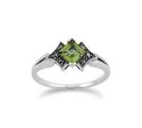 Art Déco Stile Quadrato Peridoto E Marcasite Anello IN 925 Argento Sterling