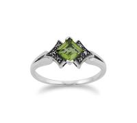 Art Déco Stile Quadrato Peridoto E Marcasite Anello IN 925 Argento Sterling