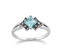 Art Déco Stile Quadrato Topazio Blu E Marcasite Anello IN 925 Argento Sterling