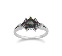 Art Déco Stile Quadrato Topazio Mistico E Marcasite Anello IN 925 Argento