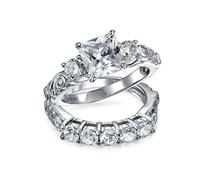 Art Deco Vintage Style Cubic Zirconia 3CT Brilliant Square Prince Cut Solitaire Three Stone Past Present Future Side Stones CZ Anniversary Engagement Ring Set Band For Women 925 Sterling Silver