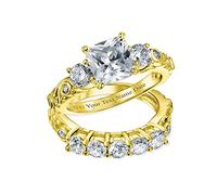 Art Deco Vintage Style Cubic Zirconia 3CT Brilliant Square Princess Cut Solitaire Three Stone Past Present Future Side Stones CZ Anniversary Engagement Ring Set Band Women 14K Gold Plated Sterling