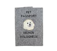 Art-Dog Custodia per Passaporto per Cani - Copertina in Feltro Fatta a Mano con Motivo Ricamato - Porta Passaporto da Viaggio Veterinario per Cani - 17x12,5 cm - Bichon Bolognese