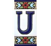 Insegna con numeri e lettere fatte di piastrelle di ceramica dipinte a mano con la tecnica "cuerda seca", nomi indirizzi e segnaletica. Disegno FLORES MINI 7,3 cm x 3,5 cm (LETTERA "U")