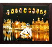 Art n Store: Baba Deep Singh ji con tutti i dieci guru sikh e tempio d'oro ad Amritsar, stampa HD da parete con cornice, per casa, ufficio, legno marrone (piccole dimensioni - 18 x 23 cm)