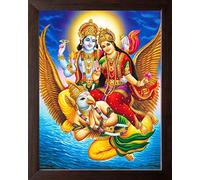 Art n Store: Lord Vishnu & Goddess Lakshmi Mount on Lord Garuda, poster decorativo da parete stampato in HD con cornice marrone a tinta unita (dimensioni piccole, 17,8 x 22,9 cm)
