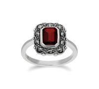 Art Nouveau Stile Ottagono Granato E Marcasite Confine Anello IN 925 Argento