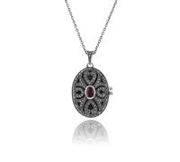 Art Nouveau Stile Ovale Granato E Marcasite Medaglione Ciondolo IN 925 Argento
