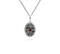 Art Nouveau Stile Ovale Granato E Marcasite Medaglione Collana IN 925 Argento