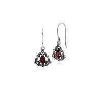 Art Nouveau Stile Pera Granato E Marcasite Goccia Orecchini IN 925 Sterling