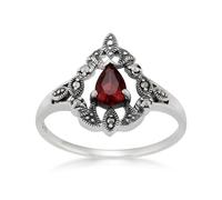 Art Nouveau Stile Pera Granato E Marcasite Massiccio Anello IN 925 Argento