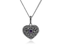 Art Nouveau Stile Rotondo Ametista E Marcasite Cuore Collana IN Argento Sterling